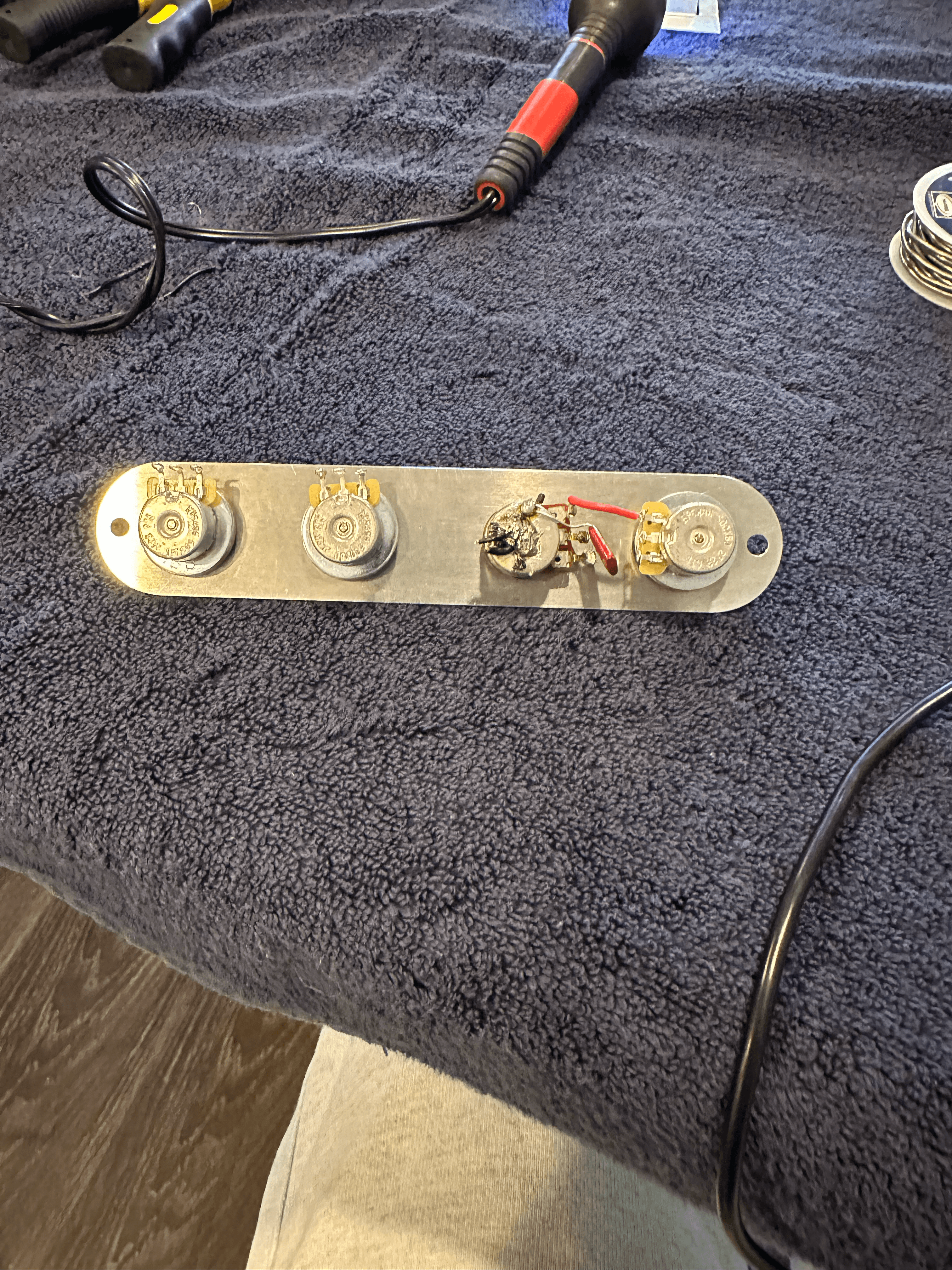 Chrome control plate with hand-wired pots