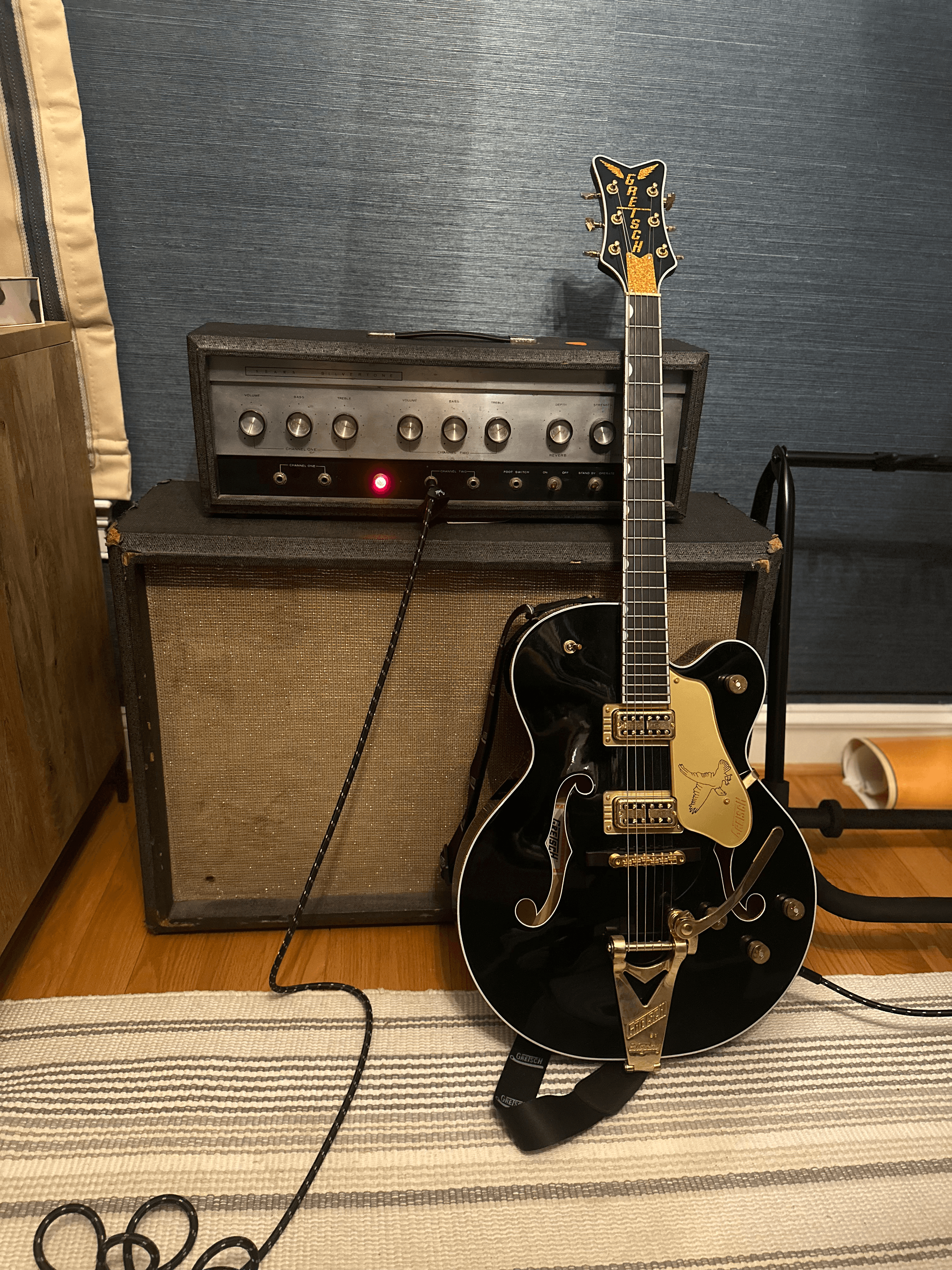 Silvertone 1485 amp head and cab paired with a Gretsch hollowbody